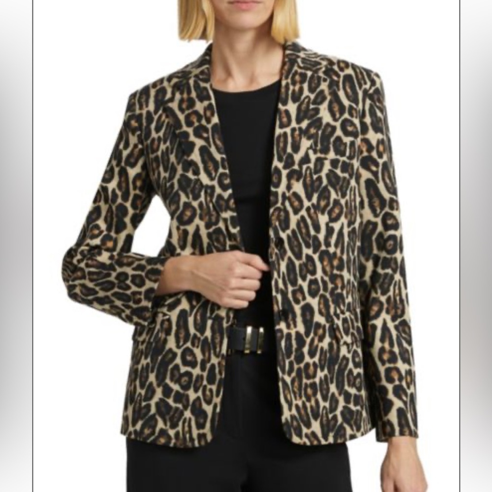 Theory Two-Button Tailored Leopard Wool Blazer